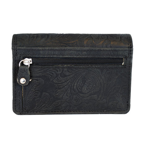 Dames portemonnee van zwart rundleer met bloemenprint - Arrigo
