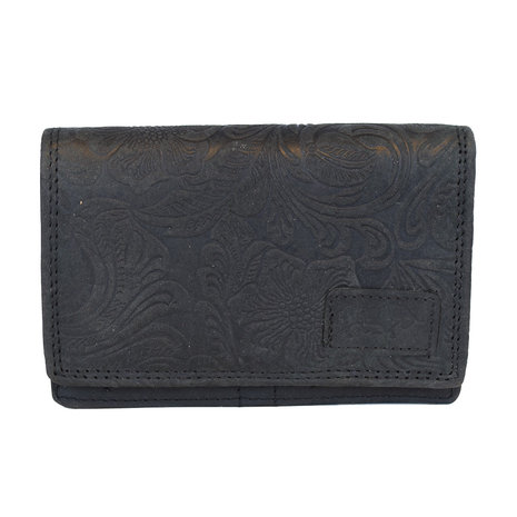Dames portemonnee van zwart rundleer met bloemenprint - Arrigo