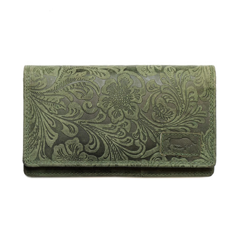 Groene dames portemonnee van rundleer met bloemenprint - Arrigo