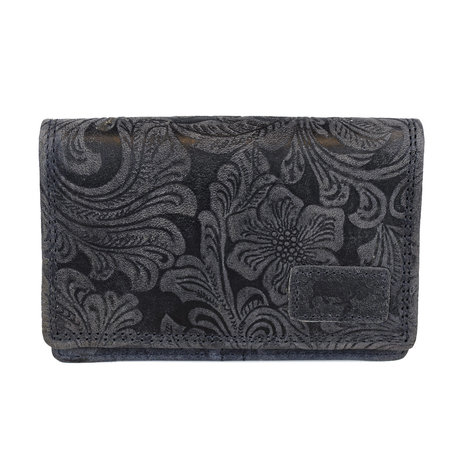 RFID portemonnee van donkerblauw rundleer met bloemenprint - Arrigo