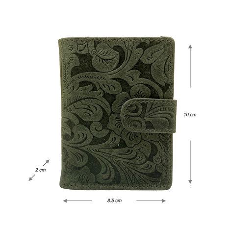 Leren mini wallet groen met bloemenprint en cardprotector - Arrigo.nl