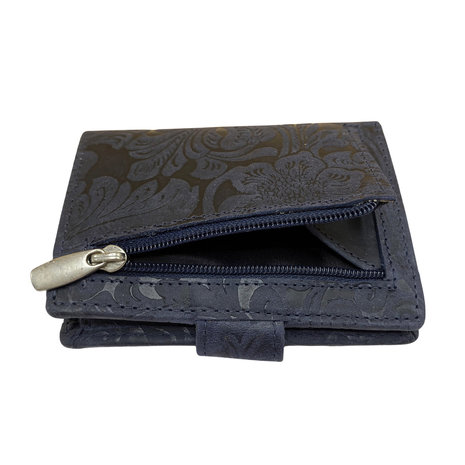 Leren mini wallet donkerblauw met bloemenprint en cardprotector - Arrigo.nl