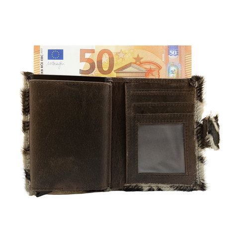 Leren mini portemonnee donkerbruin met dierenprint en cardprotector - Arrigo.nl