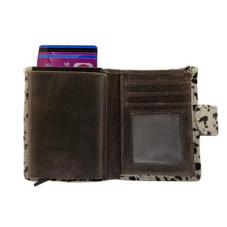 Leren mini wallet donkerbruin met dierenprint en cardprotector - Arrigo.nl