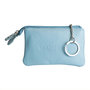 Key pouch made of light blue cowhide with 2 compartments with zipper and 1 key ring