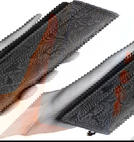 Dames portemonnee van donkerblauw leer met bloemenprint en anti-skim bescherming - Arrigo.nl