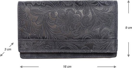 Dames portemonnee van donkerblauw leer met bloemenprint en anti-skim bescherming - Arrigo.nl