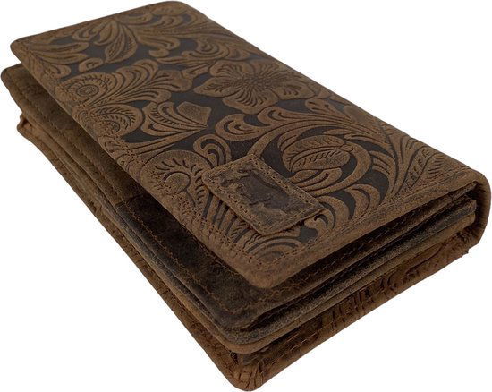 Damesportemonnee cognac van leer met bloemenprint en RFID-bescherming - Arrigo.nl
