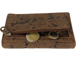 Damesportemonnee cognac van leer met bloemenprint en RFID-bescherming - Arrigo.nl