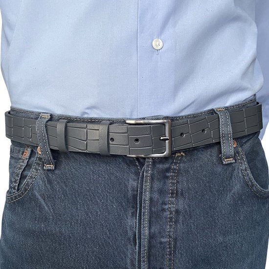 Grijze Leren Riem 3 cm breed met kroko print - Arrigo.nl