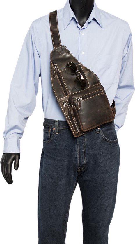 Hip Donkerbruin Buffelleer Crossbody Tas met Verstelbare Schouderriem - Arrigo.nl