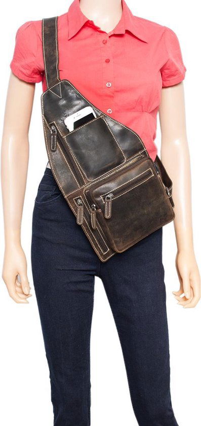 Hip Donkerbruin Buffelleer Crossbody Tas met Verstelbare Schouderriem - Arrigo.nl