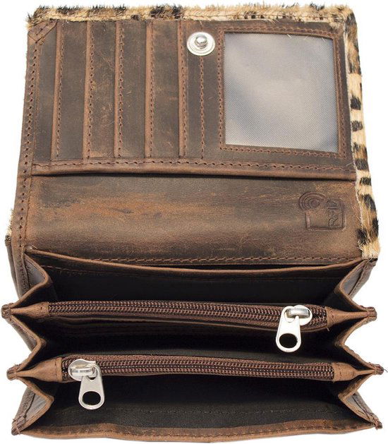 Kleine Damesportemonnee - Lichtbruin Leer met Anti-Skim Bescherming en Zebradessin - Arrigo.nl