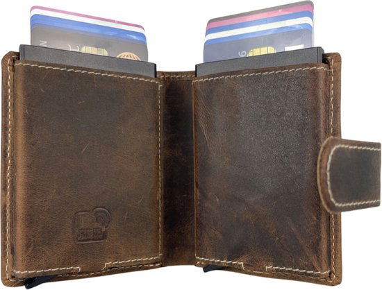 Pasjeshouder uitschuifbaar cognac dubbele creditcard houder rfid muntgeld ritsvak - Arrigo.nl