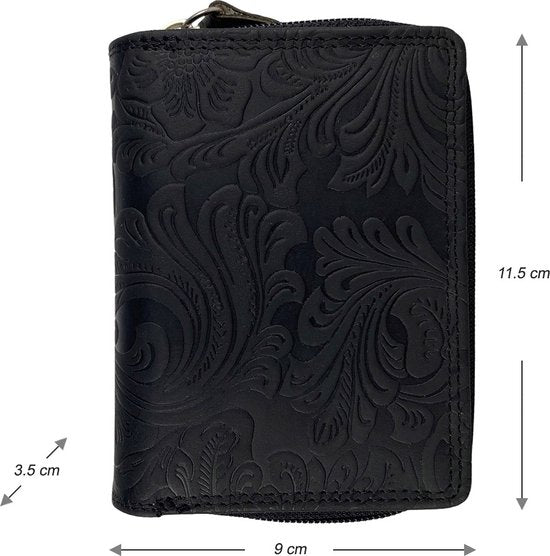 Portemonnee dames buffelleer RFID bloemenprint zwart - Arrigo.nl