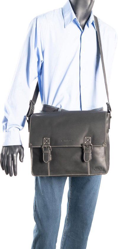 Schoudertas heren schoudertas dames leren messenger bag matzwart leer postman - Arrigo.nl