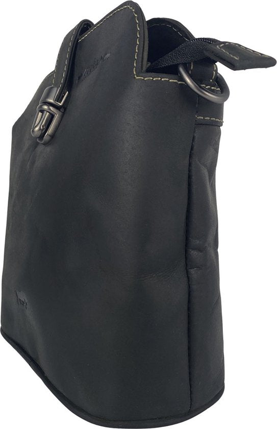 Schoudertasje dames klein - Zwart buffelleer crossbody tas met boekentas sluiting - Arrigo.nl