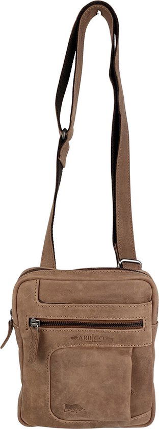 Unisex schoudertas - Taupe crossbody tas van soepel rundleer met verstelbare schouderriem - Arrigo.nl