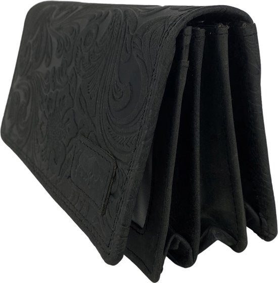 Zwarte leren damesportemonnee met bloemenprint en RFID-bescherming - Arrigo.nl