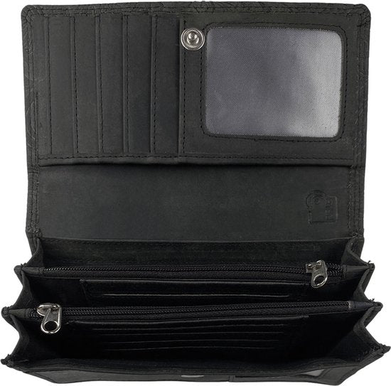 Zwarte leren damesportemonnee met bloemenprint en RFID-bescherming - Arrigo.nl