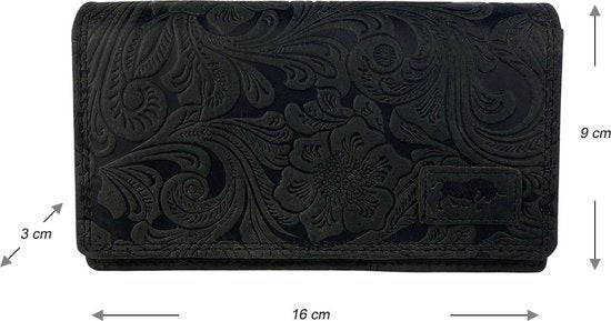 Zwarte leren damesportemonnee met bloemenprint en RFID-bescherming - Arrigo.nl